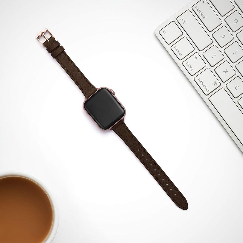 STIROLL Slim Leather Bands Compatible with Apple Watch Band 38mm 40mm 41mm 42mm 44mm 45mm 49mm,Top Grain Leather Watch Thin Wristband for iWatch Ultra SE Series 8/7/6/5/4/3/2/1(Coffee with Rose Gold) - Image 4